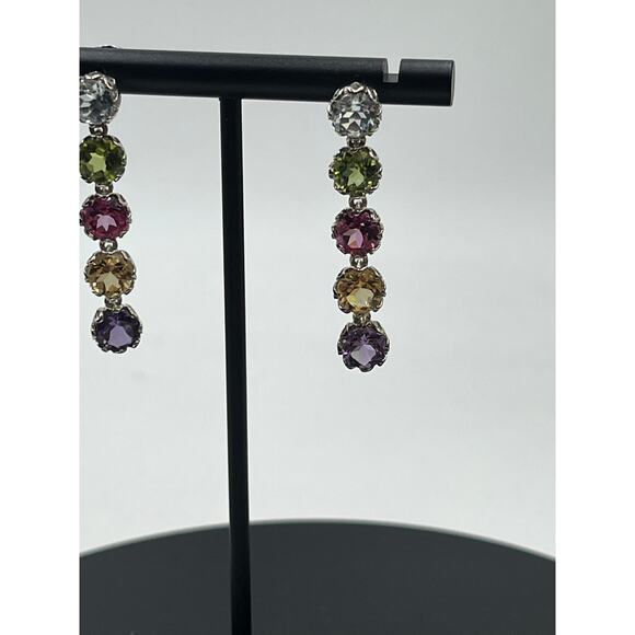 K 925 Sterling Silver Rhodium Semi Precious Multi Gemstone Round Dangle Earrings - Picture 3 of 14